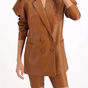 INC Women's Brown Double-Breasted Leather Jacket with shorts